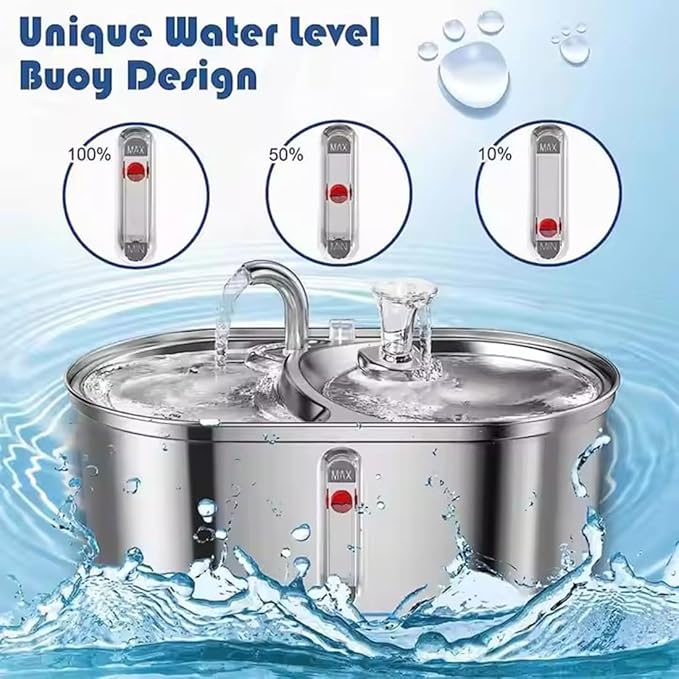 Dual Bowl Cat Water Fountain 3L/101oz,Stainless Steel Pet Drinking Fountain,2-in-1 Cat Bowls for Food-Wate(Water-Water),Ultra-Silent Automatic Dog Water Dispenser with Pump and 5 Filters