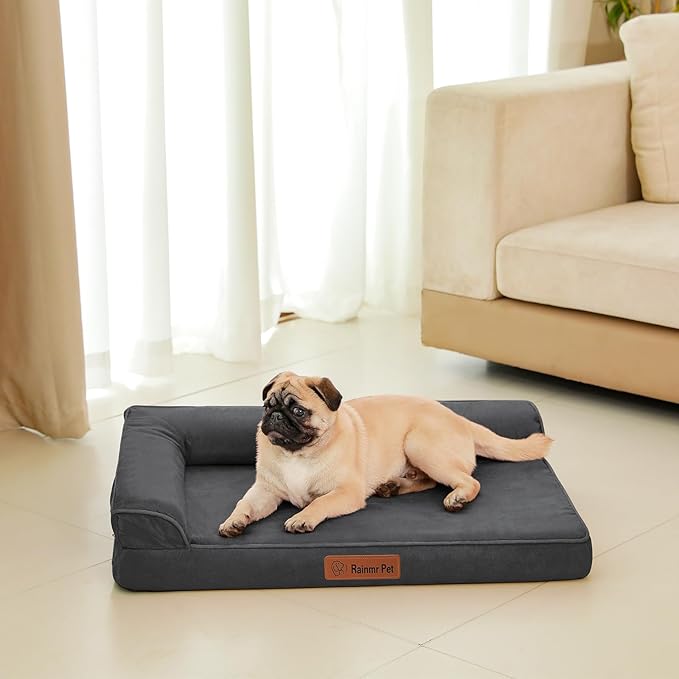 Orthopedic Memory Foam Dog Bed, Removable Washable Microsuede Cover, TPU Waterproof Liner, Nonskid Bottom, for Indoor, Outdoor, Crate ＆ Car Use, 35x23x6 Inches, Dark Grey