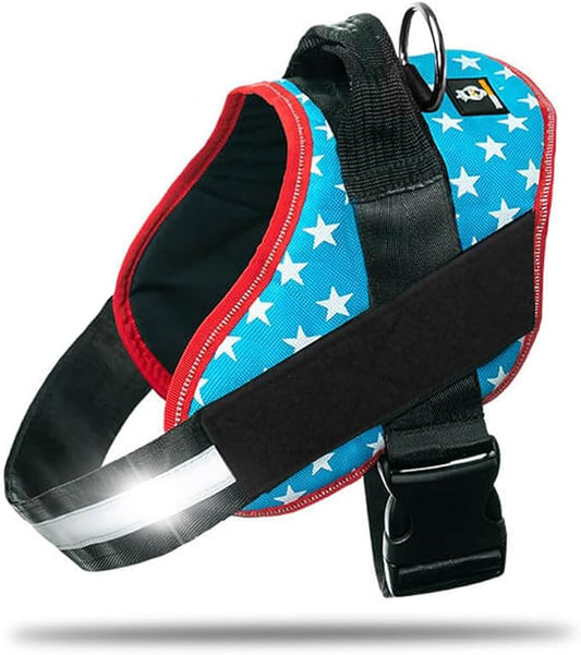 Non Pull Dog Harness with Patch Panels and Handle, Adjustable, Reflective, No Choke, Heavy Duty Easy On Service Dog Vest Harnesses for Medium Large Small Sized Dogs - Light Blue, XL