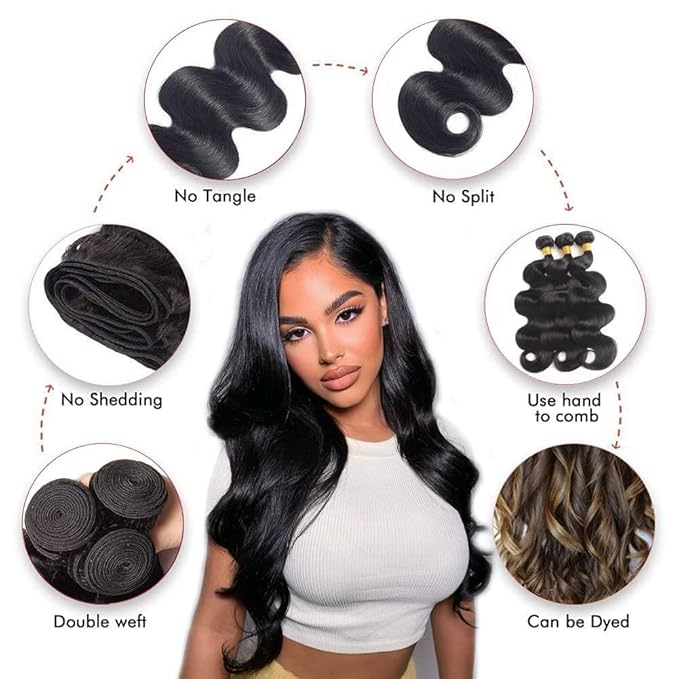 Selina Brazilian Body Wave 3 Bundles Human Hair 8 8 8 Inch with Straight Lace Closure 8 Inch Human Hair 100% Unprocessed Virgin Hair Natural Black(8 8 8 Bundle + 8" Closure）