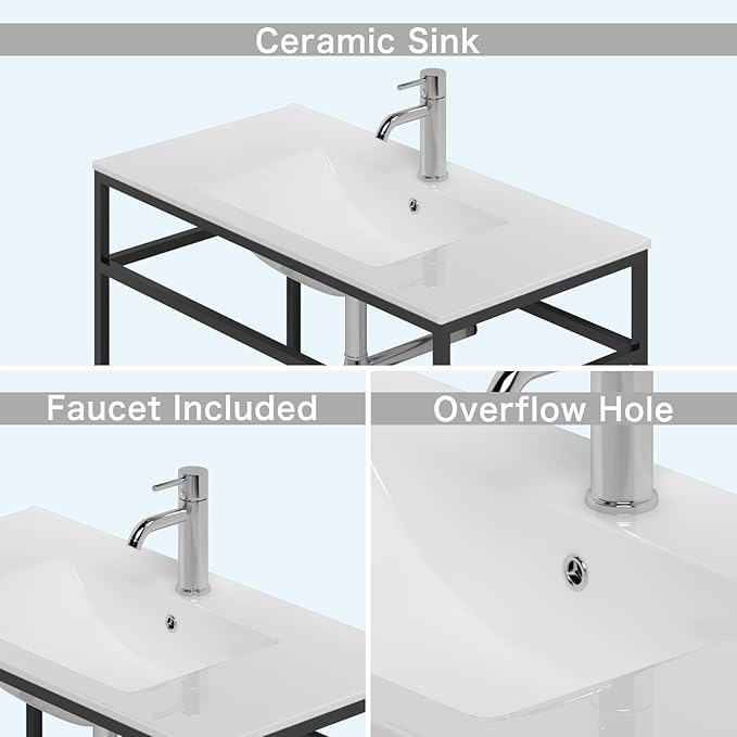 wonline 36 inch Console Bathroom Sink, White Ceramic Vanity Basin with Faucet, Wall Mount Vanity Basin for Bathroom, Laundry Room, Garage, Basement, Indoor, Outdoor