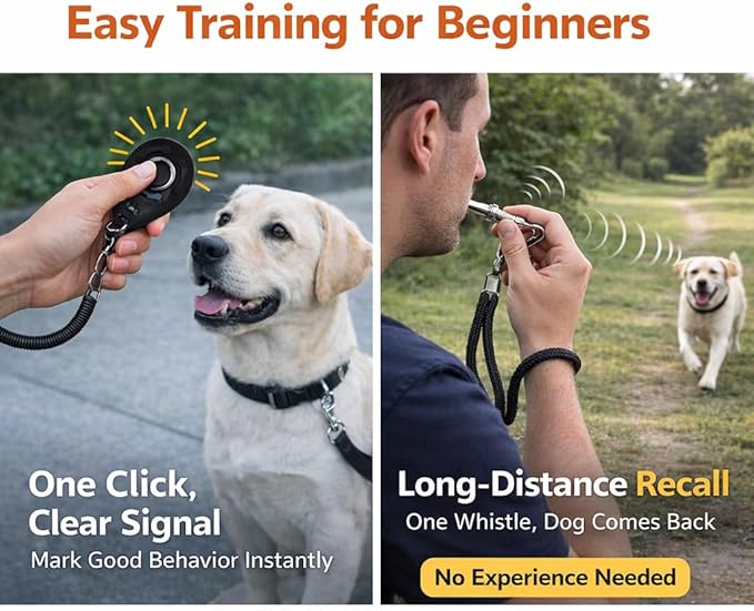 Dog Training Starter Kit for Beginners, 5-Piece Puppy Training Set with Reflective Leash, Clicker, Adjustable Whistle, Collapsible Slow Feeder Bowl and Poop Bag Holder, New Dog Owner Essentials