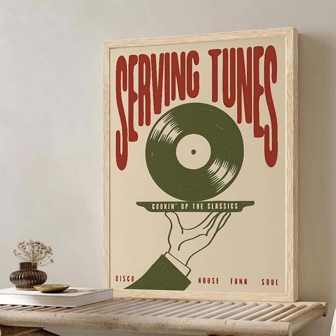 XJYISUO Framed Wall Art Vintage Music Wall Decor Retro Vinyl Record Canvas Art Serving Tunes Pictures Trendy Mid Century Paintings Disco Funk Soul Artwork For Living Room Home Bar Music Room