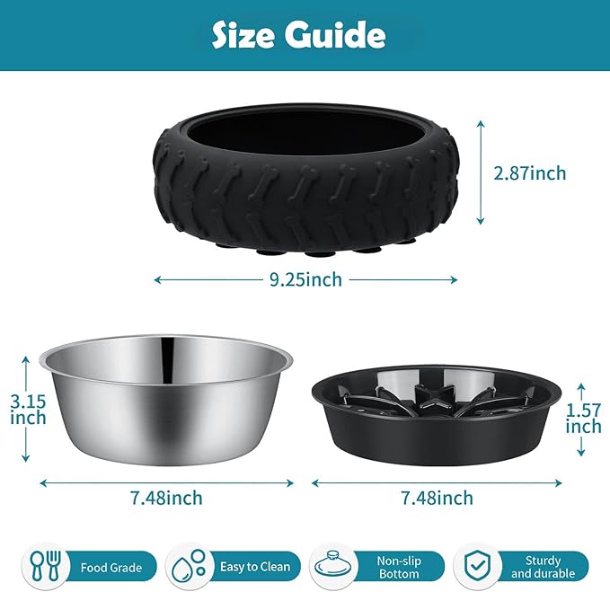 3-in-1 Funny Car Tire Dog Feeder - Non-Slip Slow Feeder & Stainless Steel Water Bowl for Wet, Raw Food & Water, Multifunctional for Small, Medium & Large Dogs，Feeding Vessels for Pets