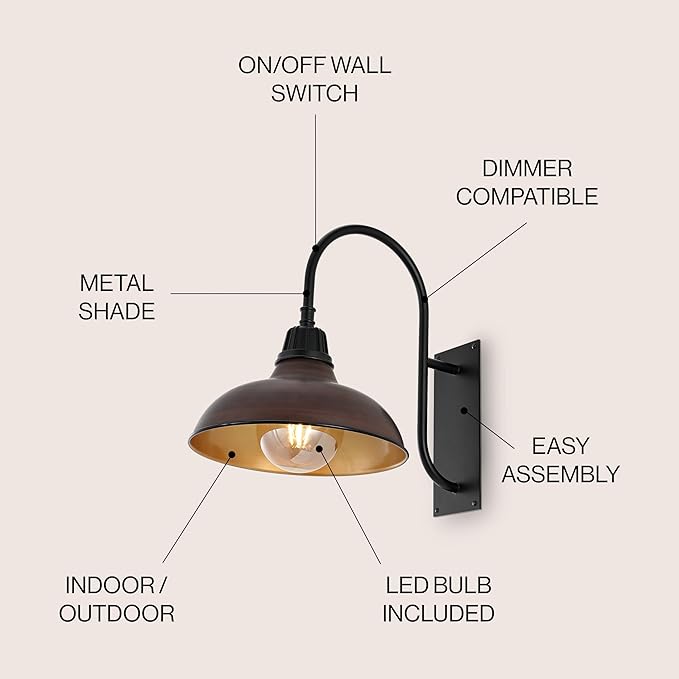 JONATHAN Y JYL7614G Stanley 12.25" 1-Light Farmhouse Industrial Indoor/Outdoor Iron LED Gooseneck Arm Outdoor Sconce Metal Bowl Shade Vintage Cottage Rustic Porch Patio Yard Barn, Wood Finish/Copper
