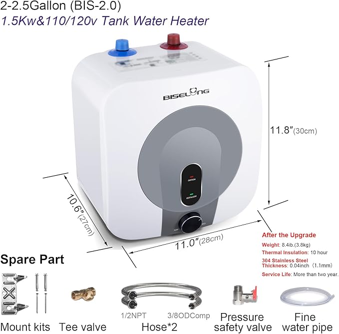 110V-120V 1440-1500W Small Under Sink Tank 2.5 Gallon Water Heater Hot Storage,Mini Instant Electric RV TR Trailer Kitchen Compact,Food Truck 2 PCs 16” Long 1/2”FIP Stainless Steel Hose (BI-2.5)
