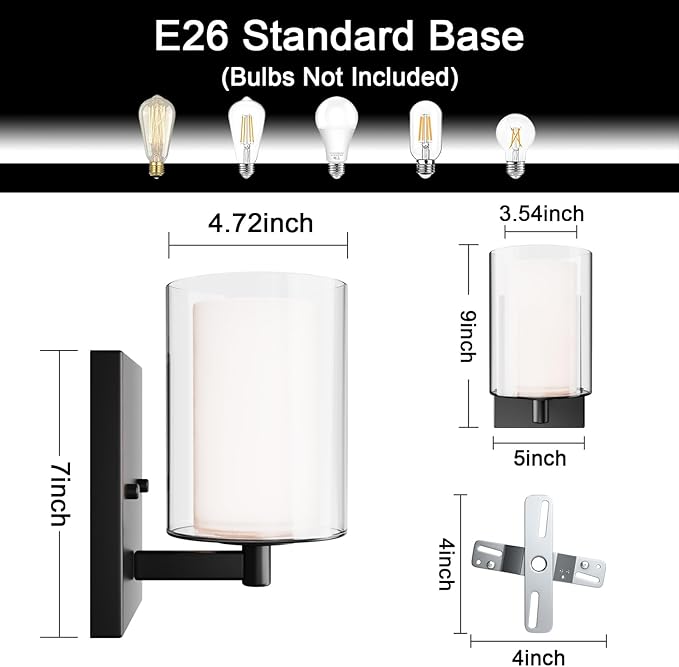 Kalium Wall Sconces Set of Two, Modern Vanity Lights with Double Clear Glass Shade Matte Black Indoor Farmhouse Wall Lights for Bathroom Living Room Bedroom Hallway Bulb E26 Base (Bulbs Not Included)