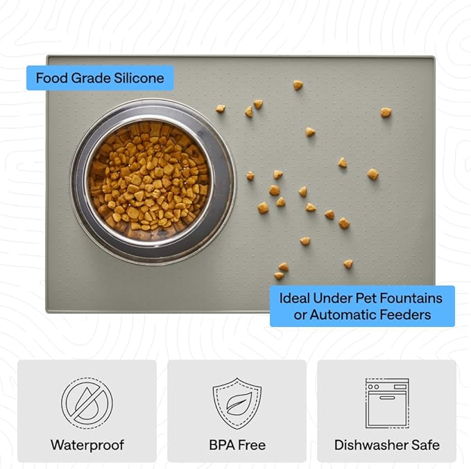 GORILLA GRIP 100% Waterproof Raised Edge BPA Free Silicone Pet Feeding Mat, Dog Cat Food Mats Contain Spills Protects Floors, Placemats for Cats, Dogs Water Bowl, Pets Accessories 18.5x11.5 Light Gray