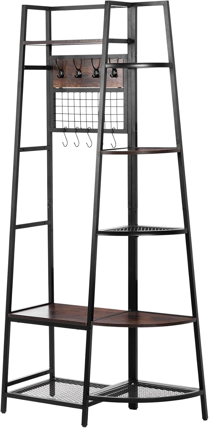 DOEWORKS Entryway Hall Tree with Storage Shelves, Freestanding Industrial Storage Rack Organizer Tower with Hooks, Rustic Brown