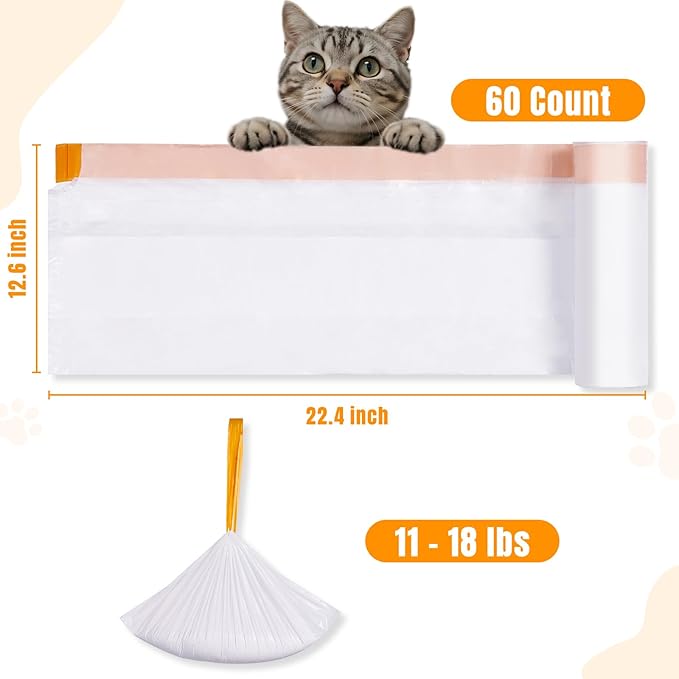 60 Count Cat Litter Box Liners for Automatic Litter Box Drawstring Cat Litter Box Robot Bags 4 Rolls 22.4" x 12.6"