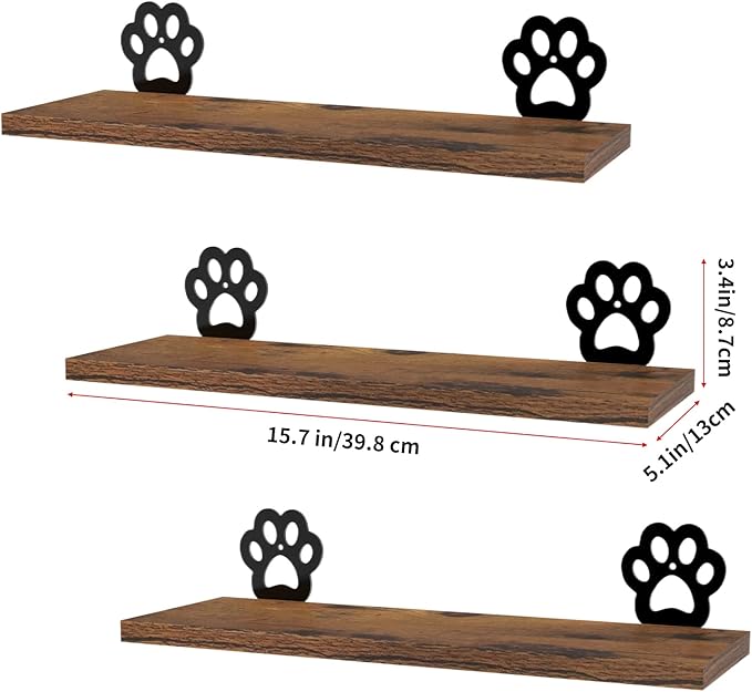 Lavezee Paw Prints Wall Decor Floating Shelves Set of 3, Cute Rustic Wooden Shelf Decorative Living Room, Bedroom, Bathroom, Log Cabin Shelving Wall Mounted