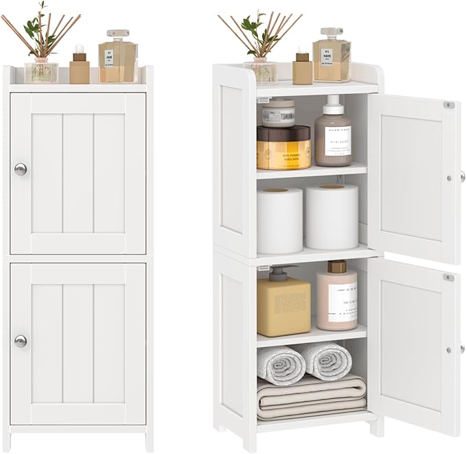Small Bathroom Storage Cabinet, 30" Tall Freestanding Corner Floor Cabinet with 2 Doors & 5 Shelves (2 Adjustable), Narrow Toilet Paper Holder Organizer for Small Spaces, White