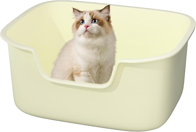 Large Cat Litter Box with High Sides, Side Entry Open Top Deep Tall Litter Pan, Kitty Litter Box for Indoor Small and Medium Cats, Creamy White (Anti-Splashing) 19.7" L x 15.4" W x 8.6" H
