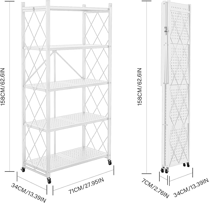 Folding Shelf Foldable Shelves with Wheels - Folding Shelves No Assembly, Collapsible Shelf Unit Display, Kitchen Organizers and Storage, Pop Up Heavy Duty Rack , 5-Tier White 28"D x 14"W x 63"H