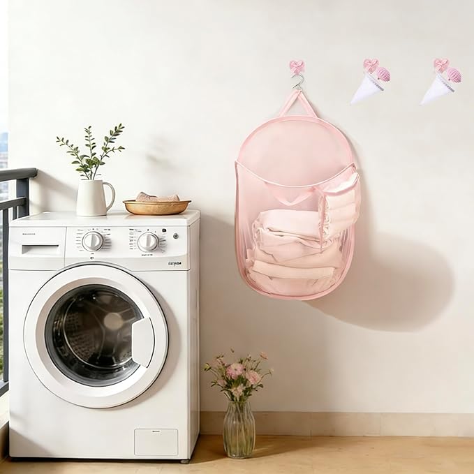 Pink Foldable Mesh Pop Up Laundry Hamper Set with Washing Machine Pet Hair Catcher, Lint Remover & Self-Adhesive Bow Hooks – Breathable and Space-Saving Design for Balcony Laundry Room Organization