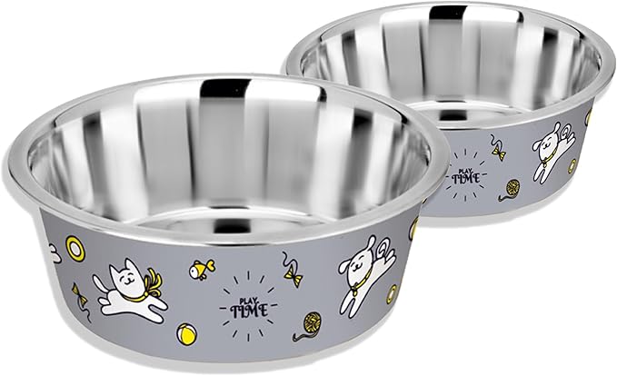 Stainless Steel Dog Bowls | Cat Bowls (Set of 2) - Anti Skid Dog Water Bowl | Cat Water Bowl - Dishwasher Safe - 25oz / 750ml – 15.4 cm (Rhino Gray Playtime Print)