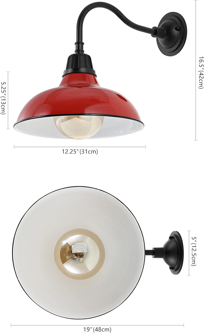JONATHAN Y JYL7613E Aurora 12.25" 1-Light Farmhouse Industrial Indoor/Outdoor Iron LED Gooseneck Arm Outdoor Sconce Metal Bowl Shade Vintage Cottage Rustic Porch Patio Yard Barn, Red