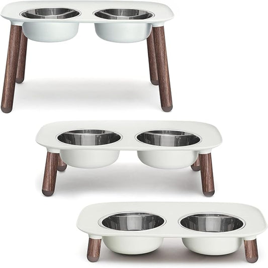 Messy Mutts Elevated Double Feeder with Stainless Bowls | Adjustable Height 3”, 5”, or 10” | Adjustable Standing Feeder for Dogs | 5 Cups per Bowl | Light Grey with Faux Wood Legs