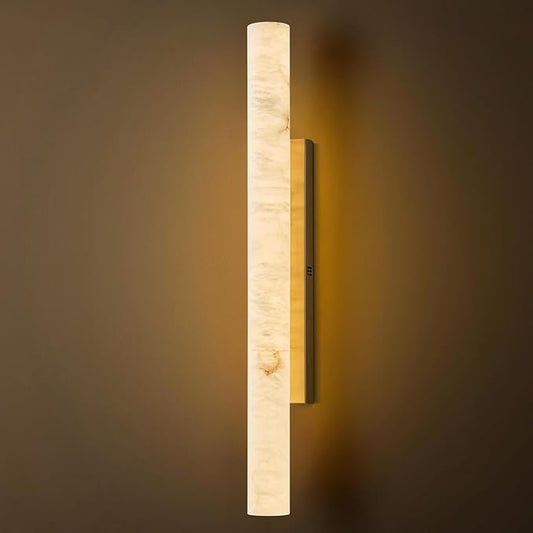 Natural Alabaster Wall Sconces, 36" Large Bronze Wall Sconce, Modern Gold LED Sconce, Cylinder Spanish Marble Sconces Perfect for Living Room, Bedroom, Hallway, Stairs