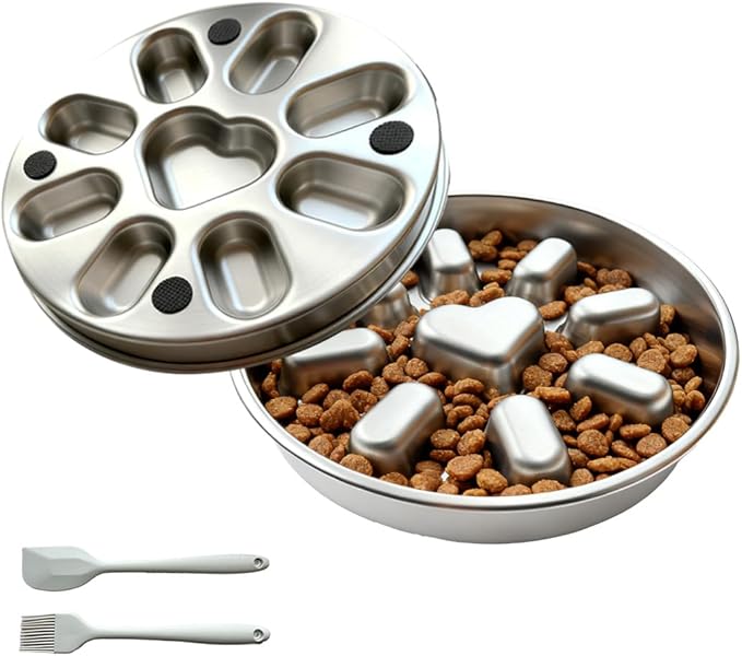 Medium Stainless Steel Slow Feeder Pet Bowls-Non-Slip Stainless Steel Bowl,4-Cup Capacity Slow Feeder to Prevent Indigestion,Dishwasher Safe,Comes with Spatula & Pastry Brush (Heart)