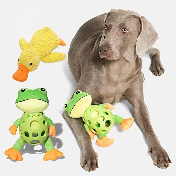 2025 Mellow Dog Calming Duck with Frog Toy,Bite Resistant Tooth Grinding Rubber Plush Toys,Durable Puppy Teething Toy with Soft Squeaker,Interactive Chew Toy for Dogs Chew and Play (Small Duck Frog)