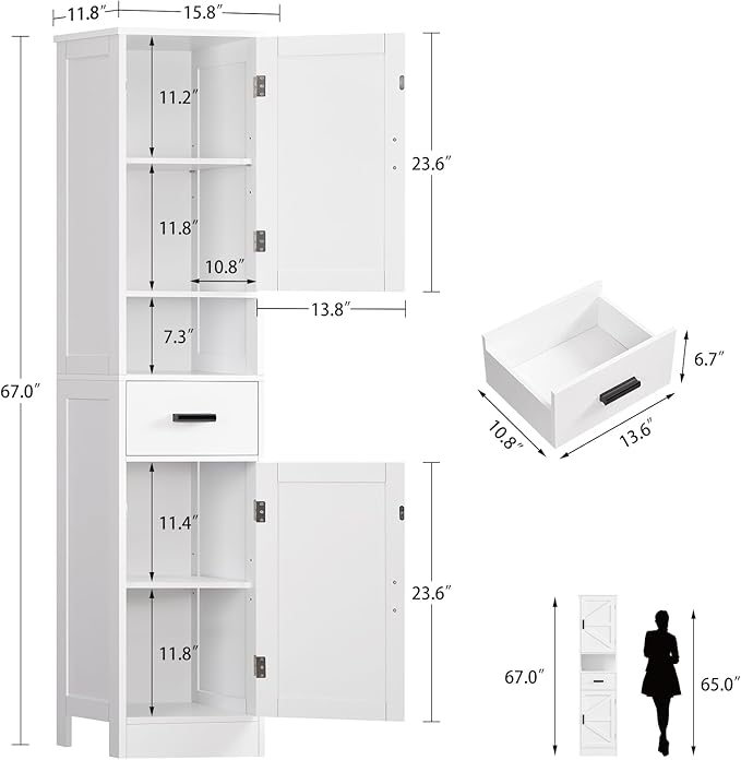TEENFON 67" H Bathroom Storage Cabinet with Barn Doors & Adjustable Shelves, Bathroom Cabinet with Drawer, Narrow Bathroom Storage Unit, Floor Cabinets for Living Room, Kitchen, White