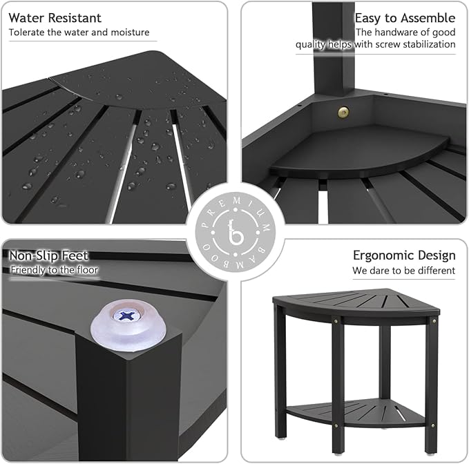 Bamboo Corner Shower Bench Waterproof Stool with Space-Efficient Storage Shelf - Shower Stool Seat for Indoor or Outdoor Use(Black)
