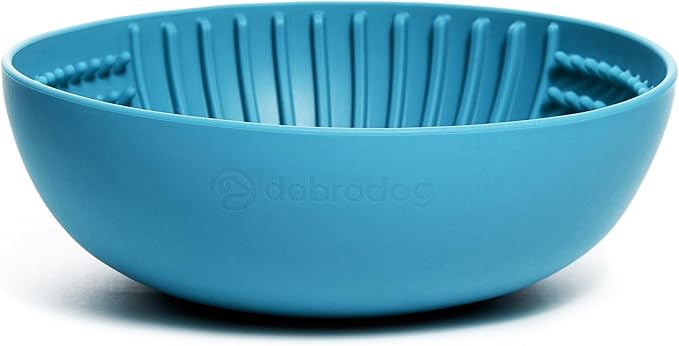 Slow Feeder Dog Lick Bowl 2in1 Elevated Set – Silicone Mat with Suction & Raised Stand, Puzzle Design Slows Eating, Anti-Bloat Interactive Dish, Dishwasher Safe, Blue