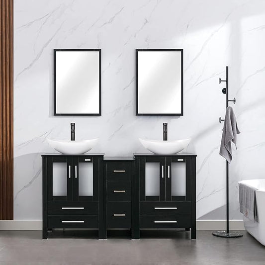 eclife 60" Modern Bathroom Vanity Sink Combo Freestanding Cabinet with Small Side Cabinet, White Boat Ceramic Vessel Sink, Water Save Faucet, Drain (Black+T44)