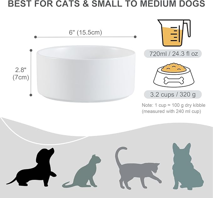 Ceramic Dog Bowl for Food and Water - Pet Feeder Bowl for Small to Medium Dogs and Large Cats - Heavy Ceramic Feeding Dish with Non Slip Base - Dishwasher & Microwave Safe - 6 Inch - 3.2 Cups - White