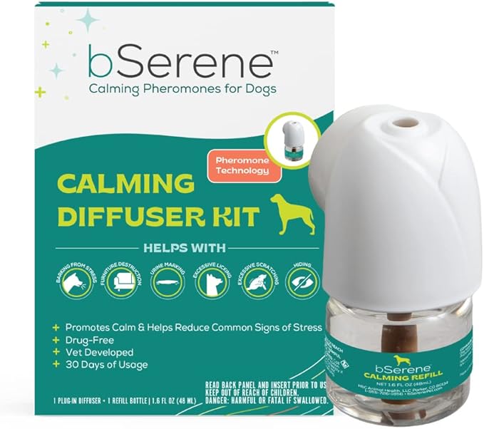 bSerene Pheromone Calming Solution for Dogs 30-Day Starter Kit: Plug-in Diffuser + Refill Helps Reduce Excessive Barking, Destruction, Stress, and Fear Great for Thunderstorms and Fireworks