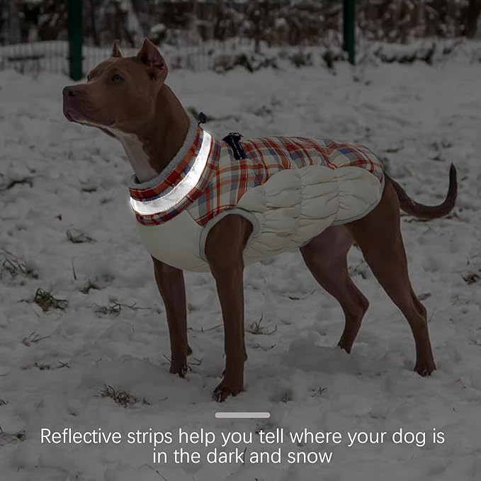 FUAMEY Dog Coat for Large Dogs,Waterproof Dog Winter Jacket with Harness Built in Puppy Cold Weather Coats Reflective Pet Vest with Zipper Warm Fleece Dogs Snowsuit Windproof Red Plaid XXXL