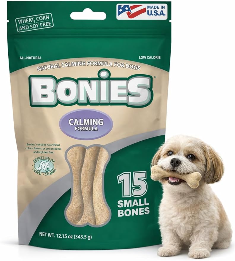 Bonies Natural Calming Formula Small-Sized Single Bone - Contains Chamomile & Lavender, Help Anxiety, Excessive Barking & Trembling, Chicken Flavor, Small Dog, 15 Bones