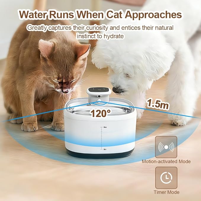 Wireless Smart Cat Water Fountain, 2L Stainless Steel Pet Water Dispenser with Motion Sensor, Ultra Quiet Pump, 5-Stage Filter, BPA-Free, Rechargeable Battery for Cats, Kittens & Small Dogs