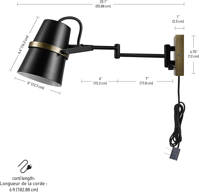 GLOBE Electric 51345 1-Light Plug-in or Hardwire Swing Arm Wall Sconce, Matte Black, Brass Accents, 6ft Woven Fabric Cord, Flat Plug, Rotary Switch, Modern Light for Apartments and Rental