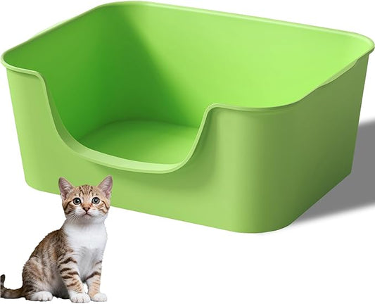 Low Entry Cat Litter Box with High Sides - Open-Top Anti-Splash, Durable Easy-Clean Pan for Kittens, Munchkin Cats, Senior Medium-Sized Cats & Small Pets (Rabbits), 19.3”x13.3”x7.8” Green