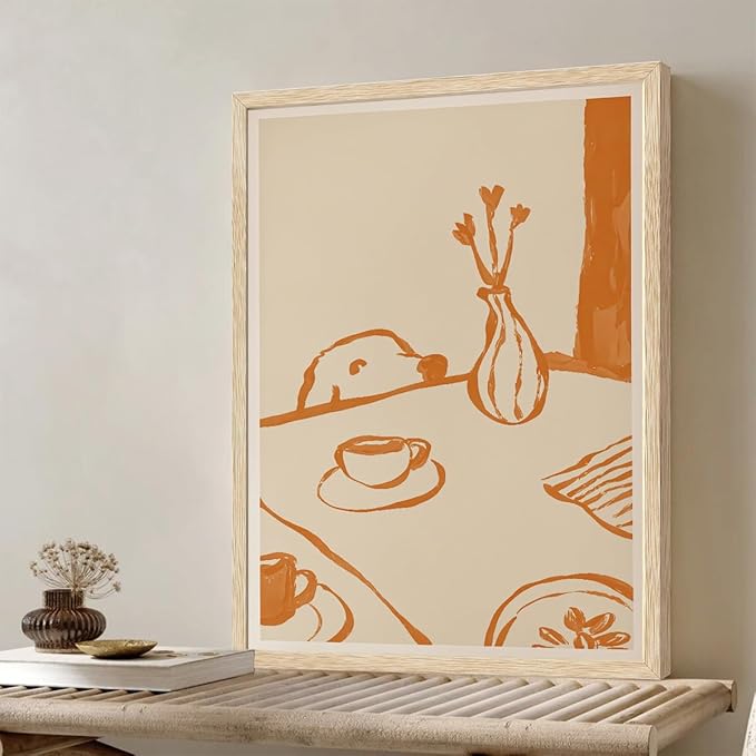 XJYISUO Framed Wall Art Funky Dog Wall Decor Coffee Canvas Art Minimalist Animal Pictures Warm Paintings Modern Neutral Artwork for Kitchen Nursery Living Room