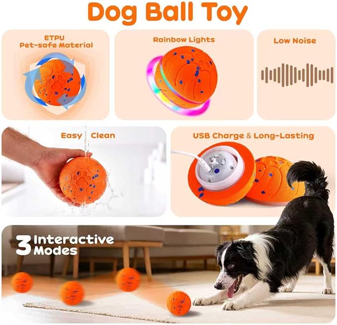 Smart Interactive Dog Toys, Upgraded Chew-Resistant E-TPU, Auto-Bounce & Rotating, Obstacle Avoidance, Ipx7 Waterproof with Colorful Led Lights for Indoor/Outdoor Use (Orange)