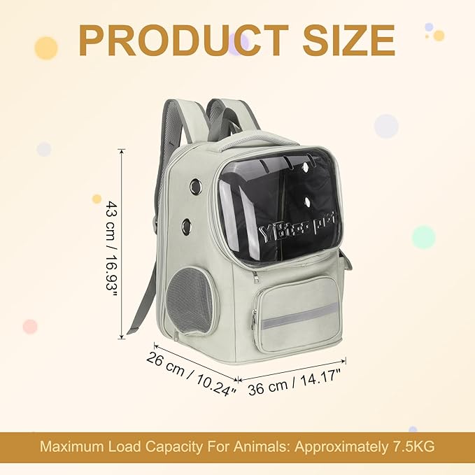 Pet Backpack Carrier, Portable and Ventilated, Oxford Cloth, Dog Cat Travel Bag with Transparent Cover 14.17", (Gray, 1 Pcs), Intended for Hiking/Camping/Traveling