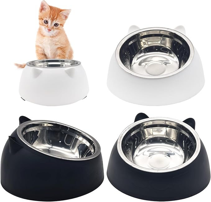 Hamiledyi Raised Cat Bowls, 4 PCS Tilted 15 Elevated Stainless Steel Food Bowls, Anti-Vomiting Spill Proof, Detachable for Puppies, Kittens, Rabbits (Black+White, 200ML)