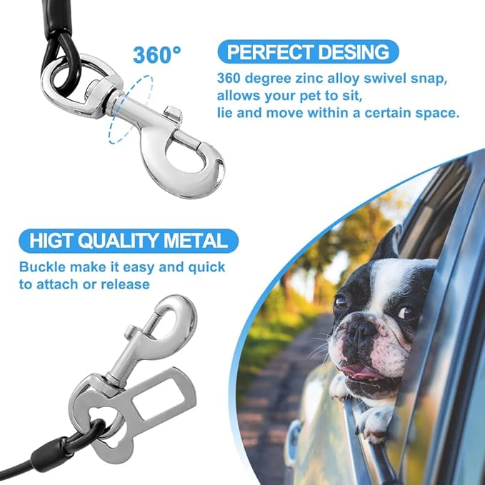 Dog Seat Belt Harness for Car,2pcs Dog Seatbelt of Coated Wire Leash Safety Restraint,No Chew Tether Cable Vehicle Dogs Accessories,Double Clips & Latch (Black, 24 inch/60 CM)