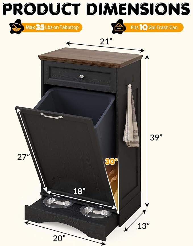 Tilt Out Trash Can Cabinet with Dog Bowl, 10 Gallons Dog Feeding Station with Storage, Dog Food Cabinet with Hideaway Drawer for Kitchen, Living Room,Laundry Room