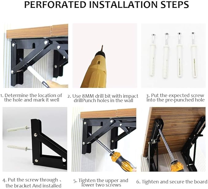 Storystore Folding Shelf Brackets - 8 Inch Heavy Duty Metal Collapsible Shelf Bracket for Bench Table, Shelf Hinge Wall Mounted Space Saving DIY Bracket, Max Load: 150 lb (2 PCS, Black)