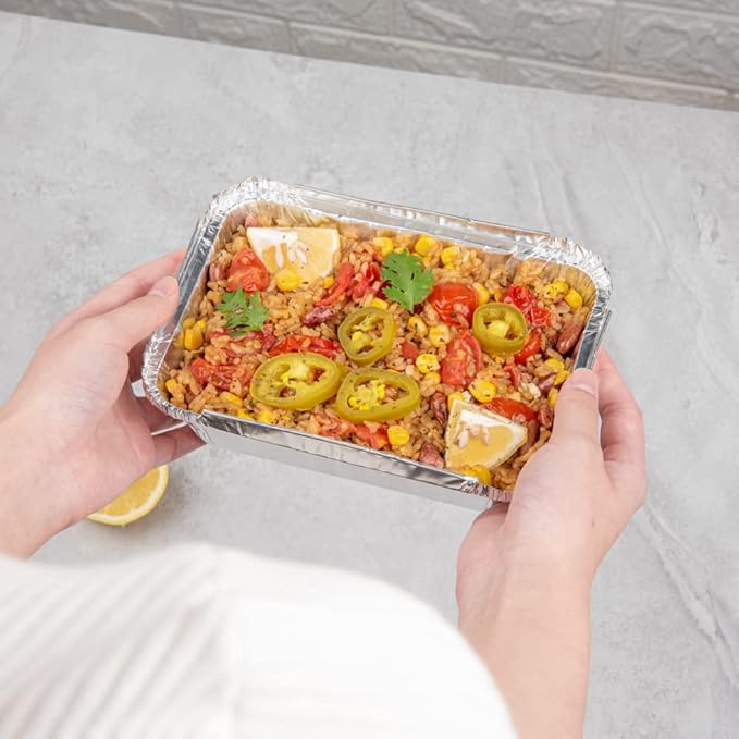 Restaurantware 16 Ounce Disposable Takeout Containers 50 Rectangle Food Containers - With Polka Dot Lids Silver Takeaway Containers Aluminum Delivery Containers Freezable