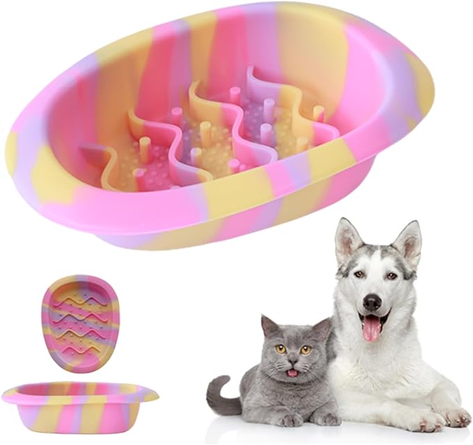 Colorful Slow Feeder Bowl for Large & Small Pets Silicone Easy to Clean Dog Food Bowl Slow Feed Dog & Cat Bowls for Interactive(Pink L)