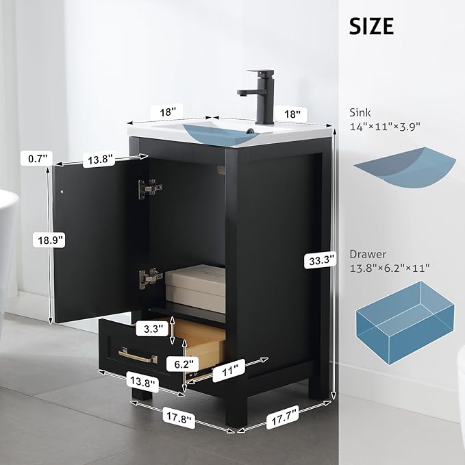 eclife 18" Bathroom Vanities with Sink Combo, Modern Thickened Wood Bathroom Storage Cabinet w/Undermount Sink, Matte Black Faucet Drain, Painted Surface, Black