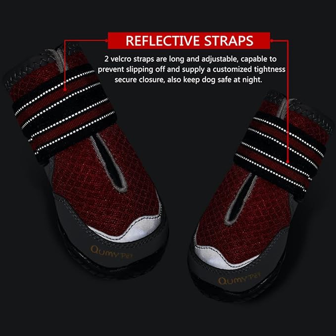 QUMY 4PCS Dog Boots for Large Dogs, Medium Dog Shoes & Paw Protectors for Hot Pavement, Summer Heat Protection, Mesh Breathable Nonslip Dog Booties for Hardfloors, Walking Running Hiking Red Size 7