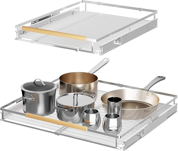 SANNO Pot Lid Organizer Pot Lid holder, Pots and Pans Organizer Drawer Plate Organizer Expandable Pull Out Kitchen Cabinet Organizers and Storage, Cabinet Sliding Shelf Under Sink Shelf
