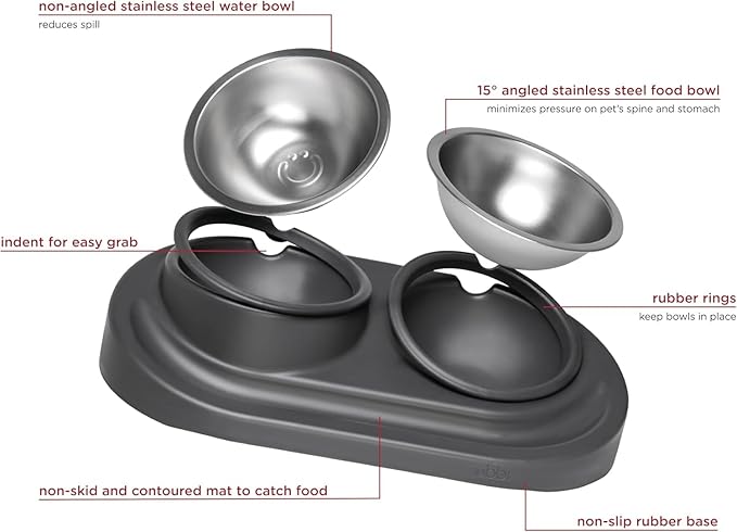 Ubbi Pet Feeding Bowls Set with Non-Slip Mat, Elevated & Flat Stainless Steel Dog or Cat Bowls, Ergonomic 15° Angled Feeder, Dishwasher Safe, Taupe