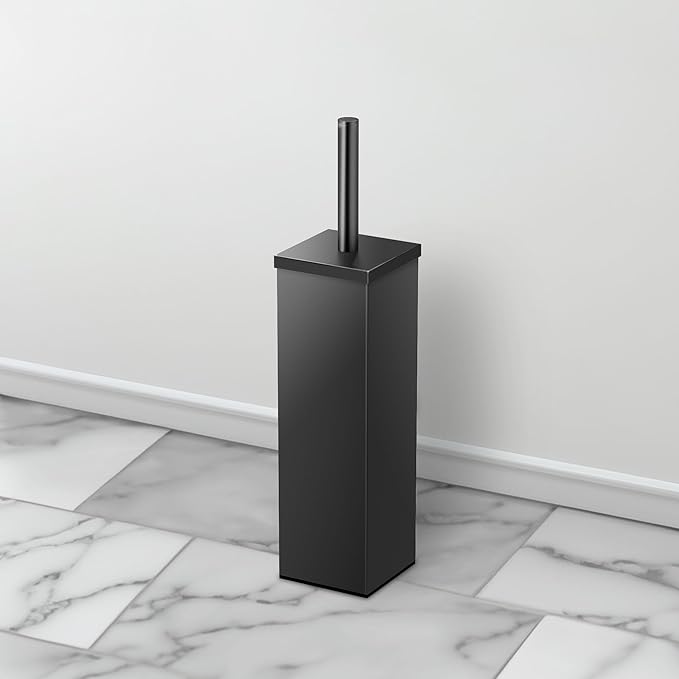 Gatco Small Bathroom Trash Can with Lid and Toilet Brush Set, Square 3 Gallon Stainless Steel Wastebasket, Under Sink, Matte Black, for Bathroom, Bedroom, Office (2972)